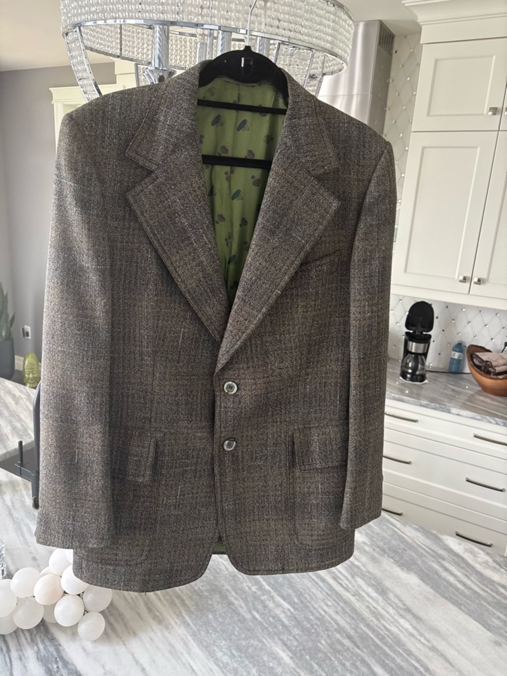 Men's Brown / green  Tweed Sport Coat with Olive Lining 1970s vintage